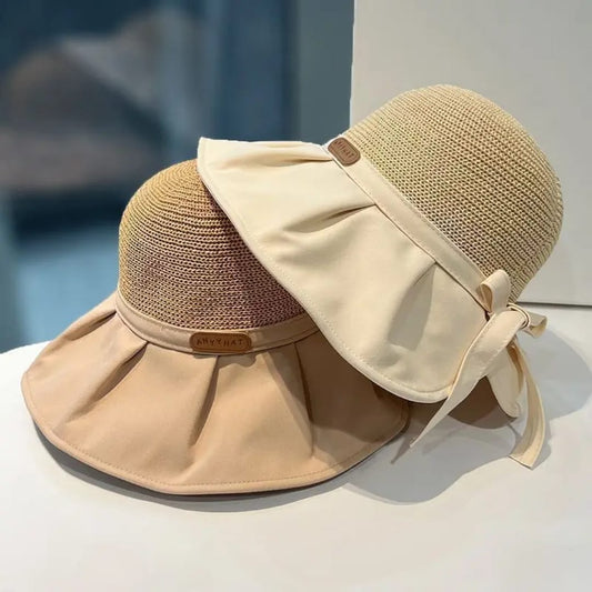 Summer Women's Sun Protection Butterfly Knot Hat Style Large Brim Face Covering Sun Hat Breathable Baseball Cap