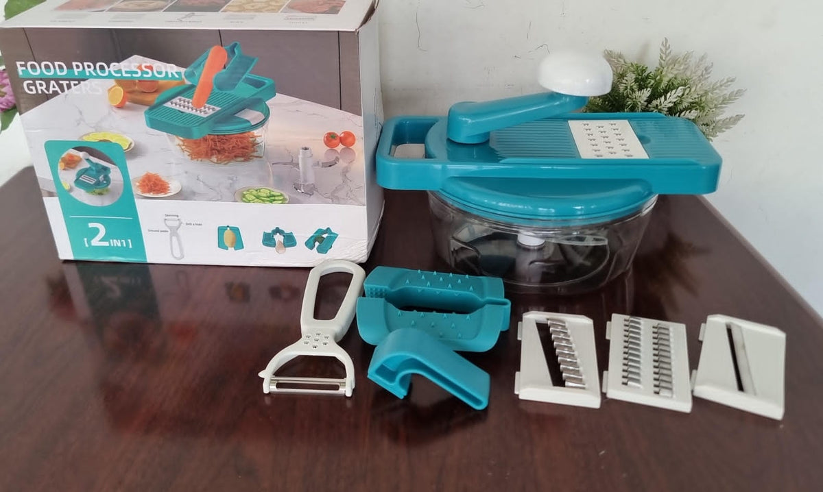 2-in-1 manual food processor includes a chopper, mincer, blender, and grater.