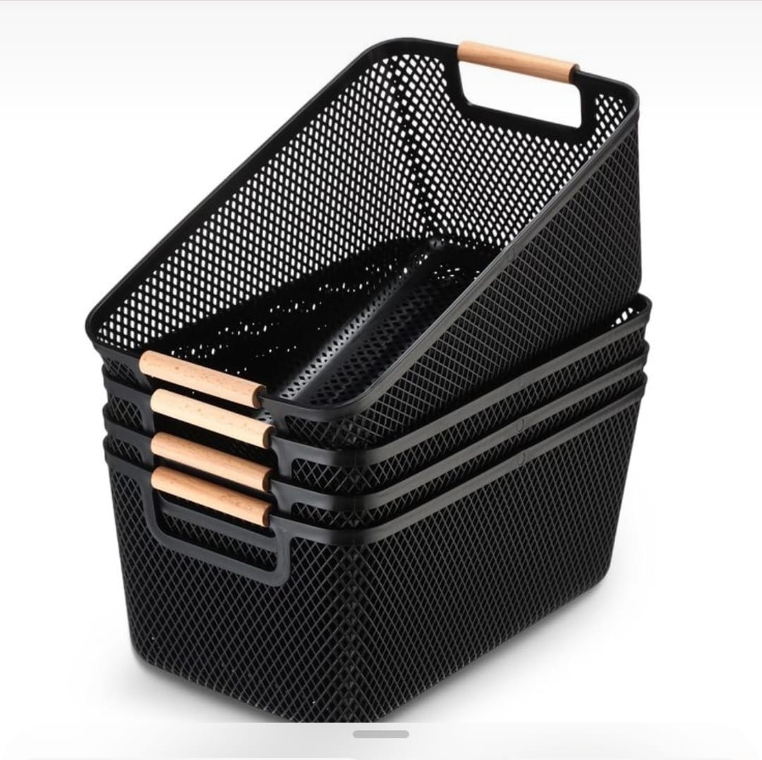 Large size Modern hard Plastic Storage Basket with Wooden Handles