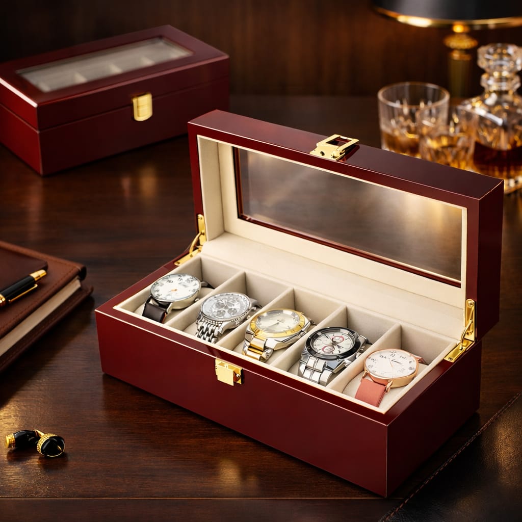 Luxurious glossy  wooden watch case 5 slot /Home storage watch case /Travel watch organizer