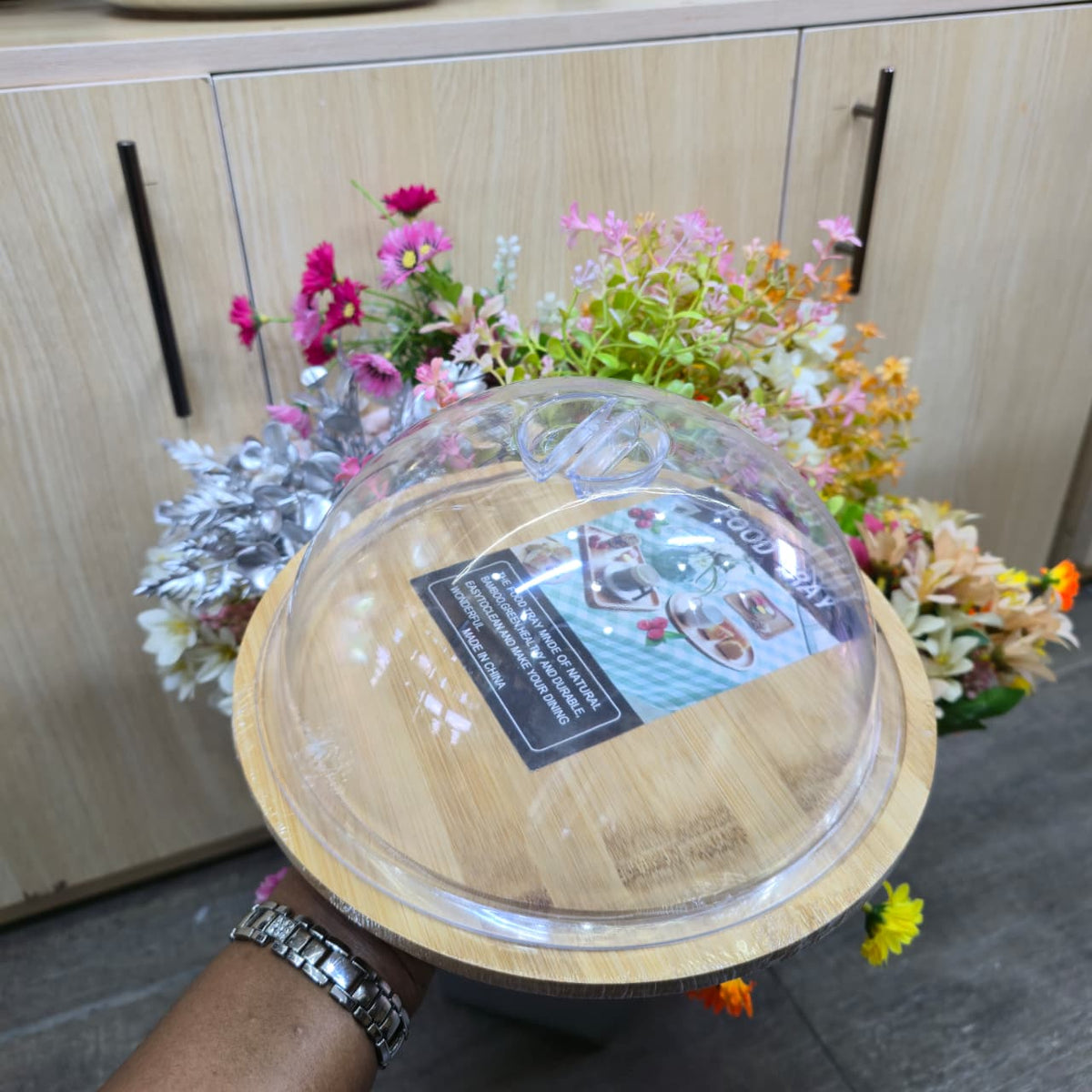 Round Bamboo Food Tray with Acrylic Lid – 23cm