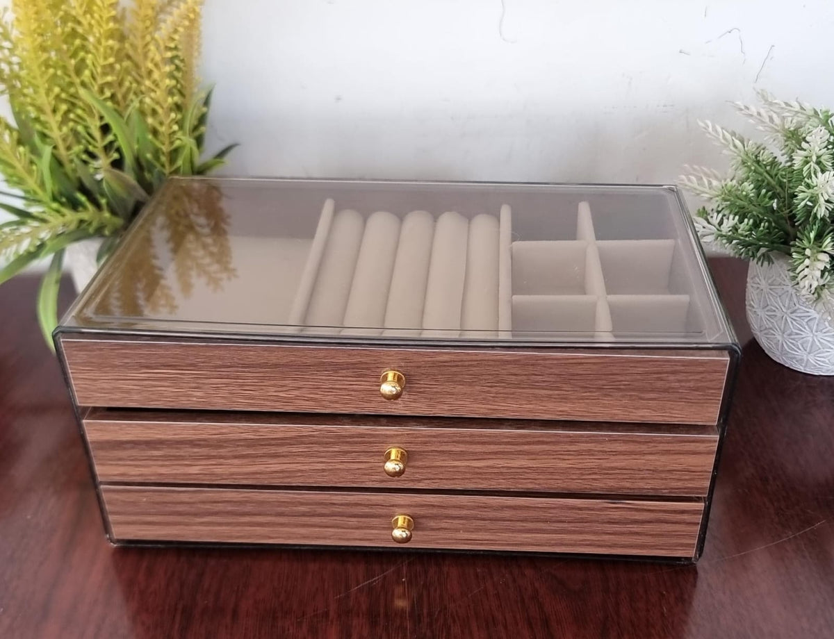 Multifunctional wood grain 3 layer jewelry box