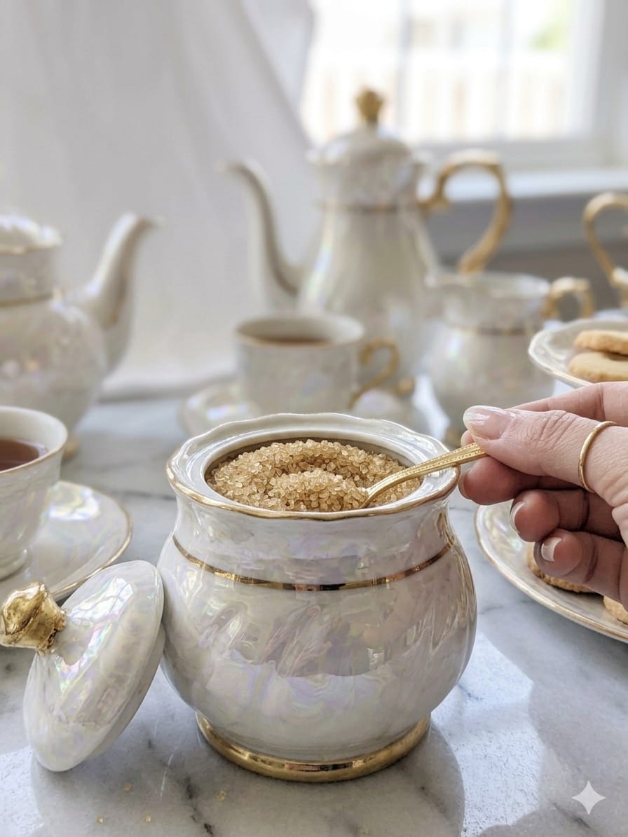 Marble Luxury Pearl Sugar Dish with Gold Spoon.
