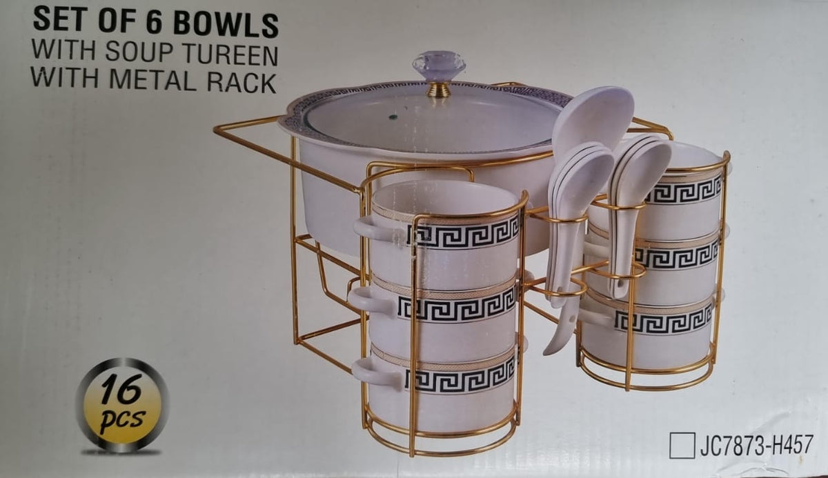 Ceramic marble-like soup bowls 1 soup touren on bamboo base + burner
