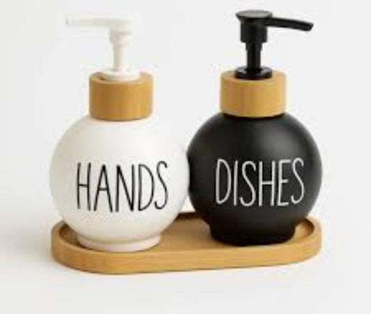 3in1 HANDS - DISHES, SOAP - LOTION branded  and unbranded Refillable ceramic s bottle with bamboo base