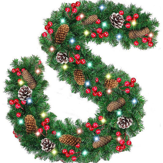 2.7M Christmas Garland decoration with pine cones, red berries