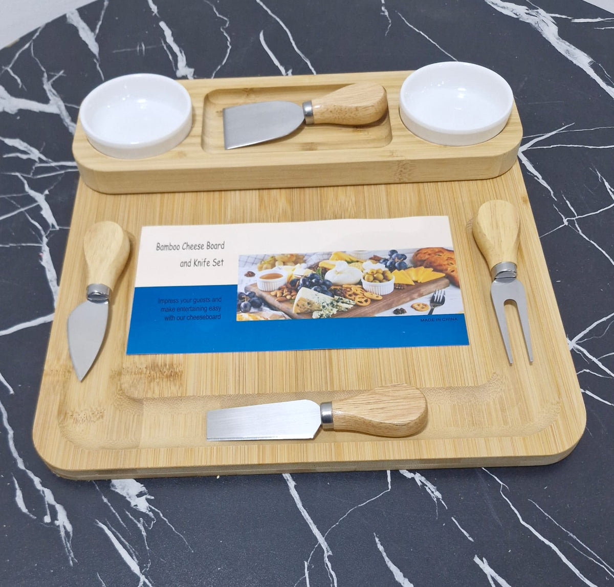 Bamboo Cheese Board & Cutlery set with 2 Ceramic Dips