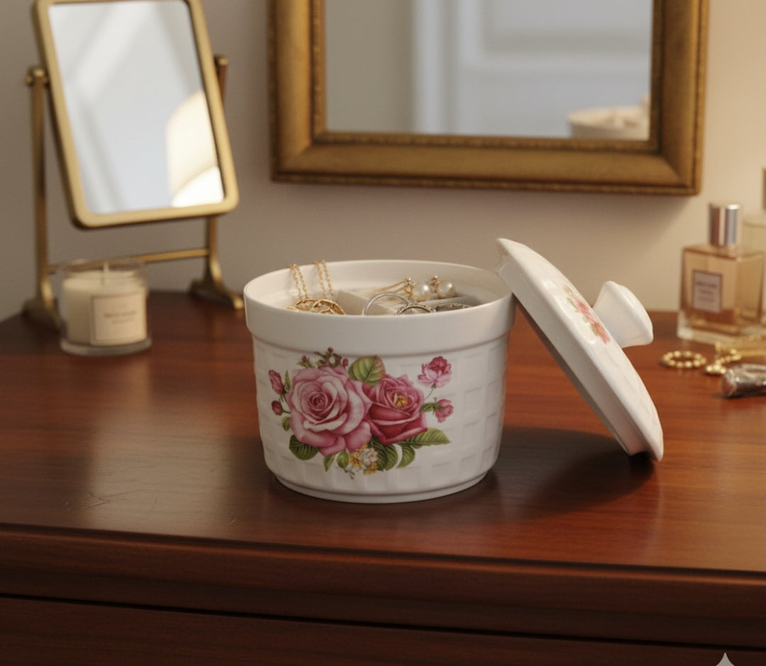 Bone china butterfly cream rose flowered stew pot.