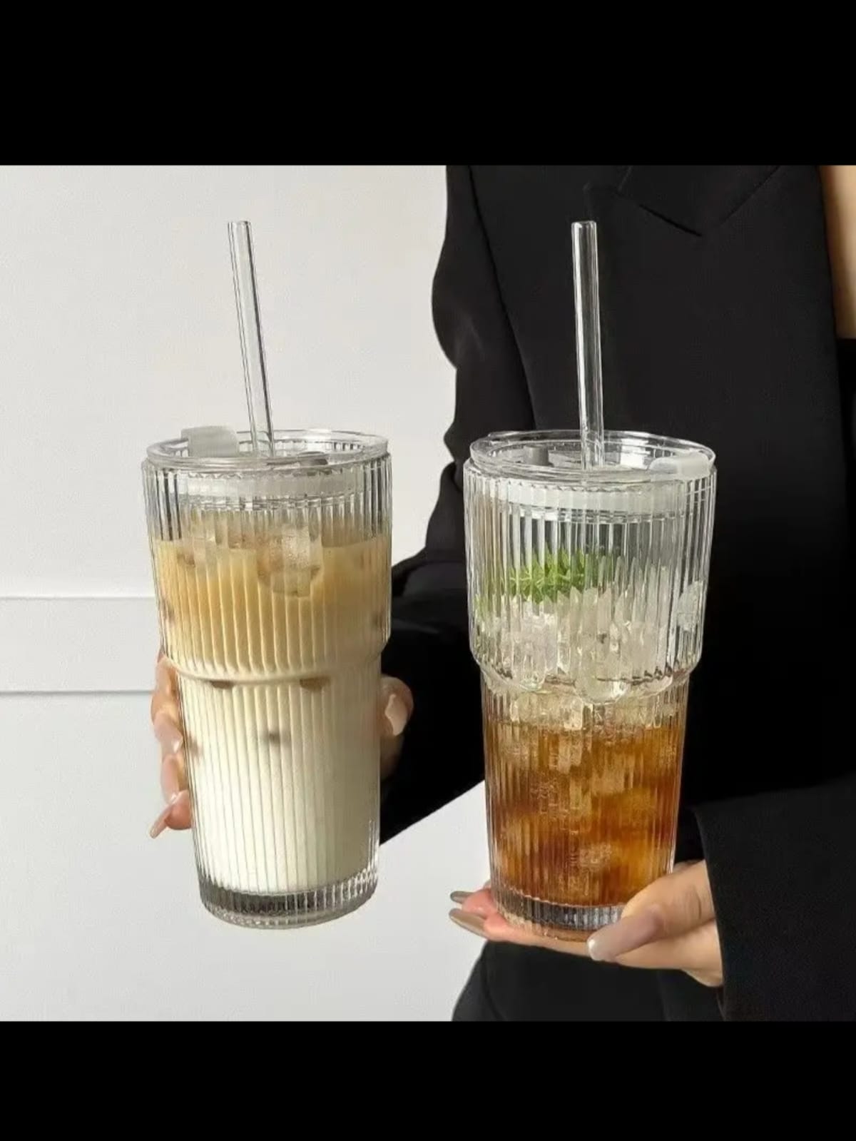 Round vertical stripped Glass cup with lid straw & Heat insulation cover.