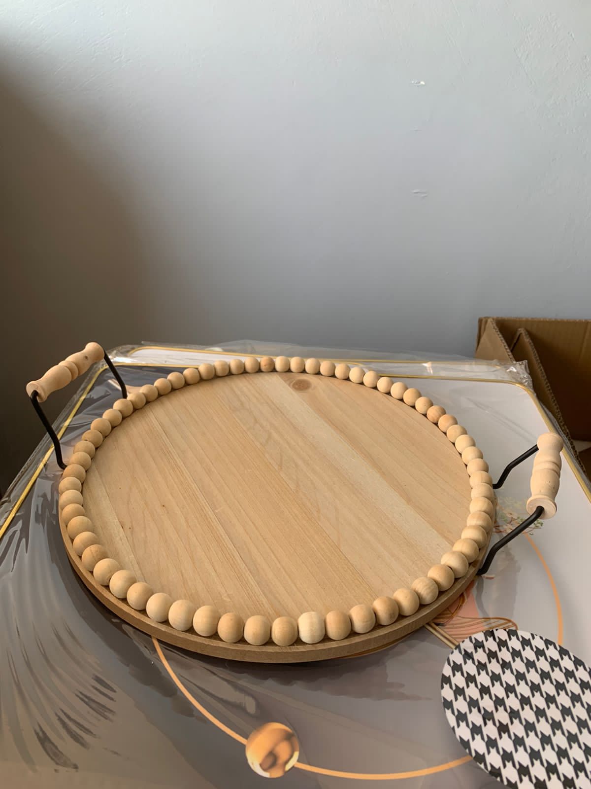 Rustic Wooden Round Beaded Tray