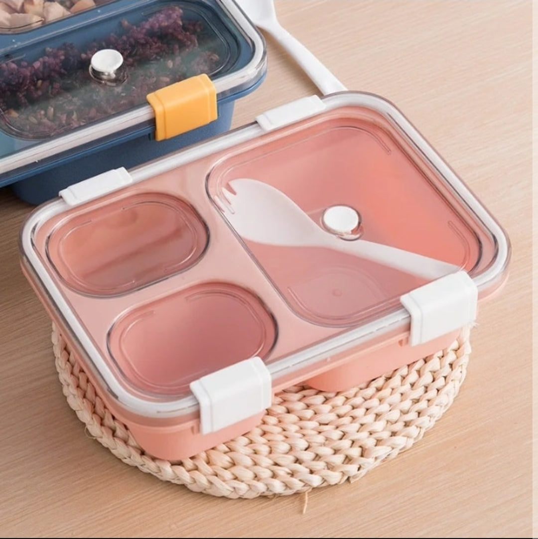 3-Compartment, 3-grid Bento Lunch Box with Spoon, Leak-Proof Food Container, Snap-Lock Lid, Silicone Washer