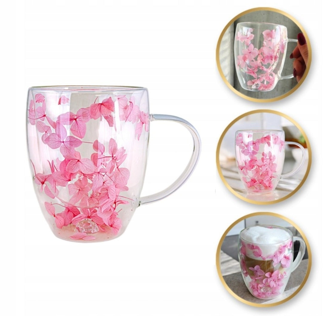 350ml Dried Flower Double Wall Clear Glass Coffee Mug