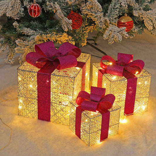 3Pc Set Snow Flocked Christmas Lighted Gift