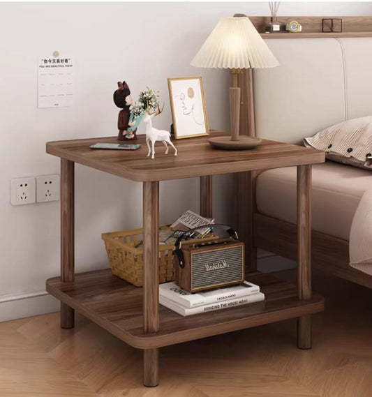 Simple bedside storage cabinet, multiple purpose small bedroom bedside table, European style rental room storage shelf, double-layer small coffee table with solid wood legs