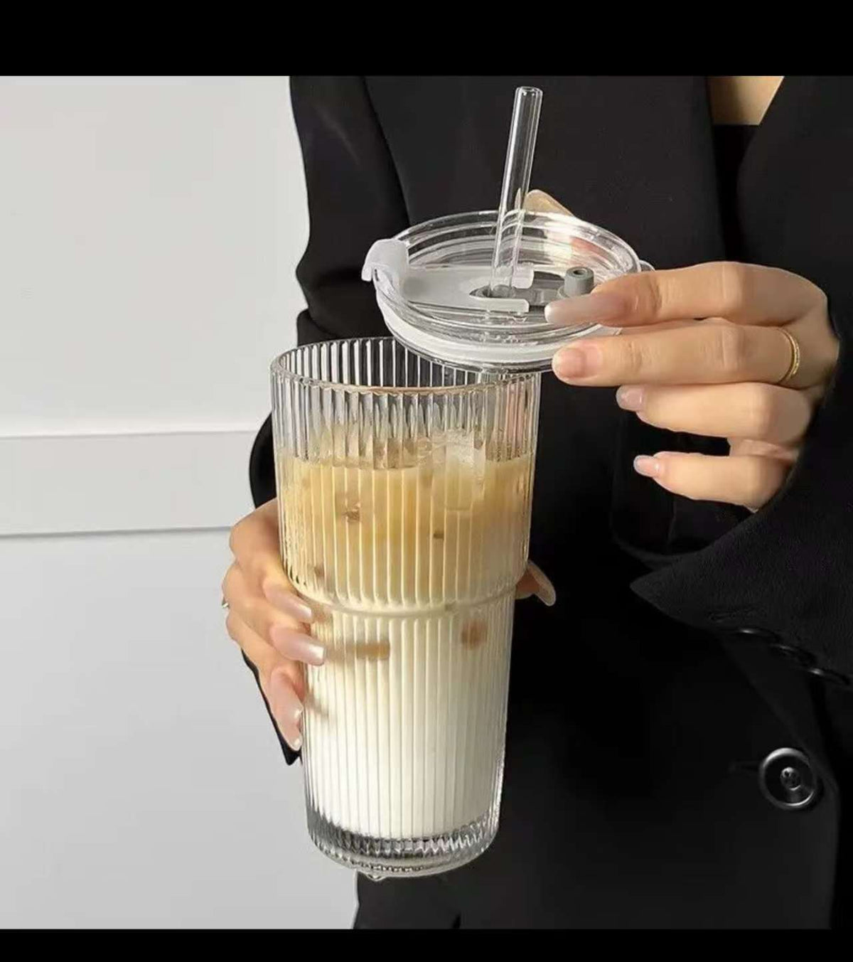 Round vertical stripped Glass cup with lid straw & Heat insulation cover.