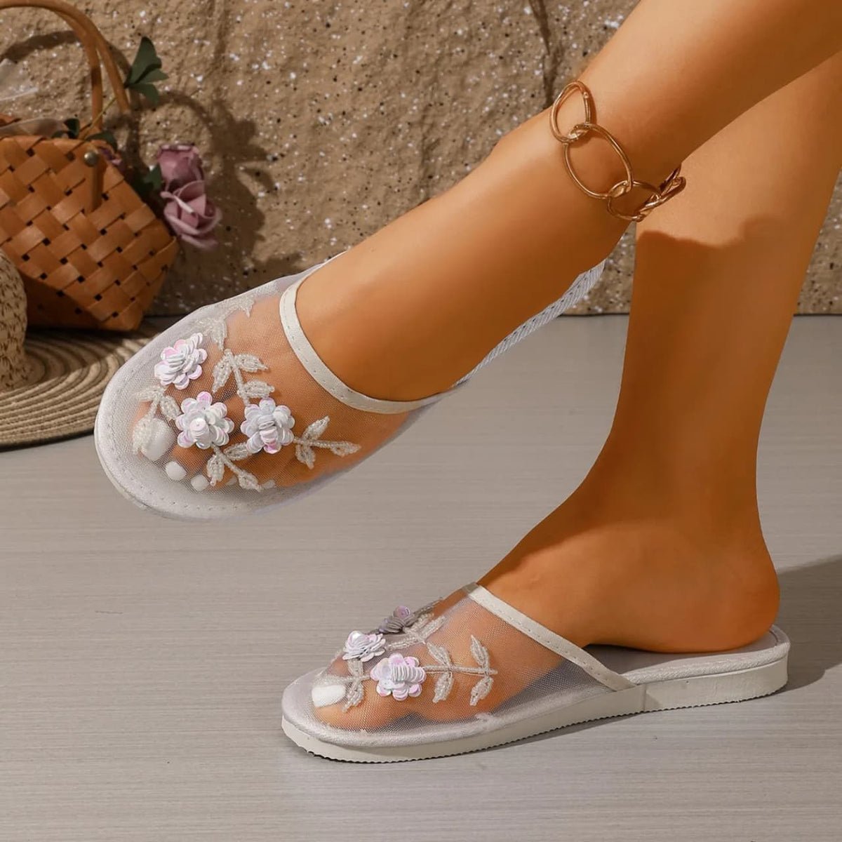 *Luxury Pearl Ornaments Net Mule Slippers Woman Chic Flower Hollow Out Flat Slides Ladies Summer Breathable Mesh Shoes