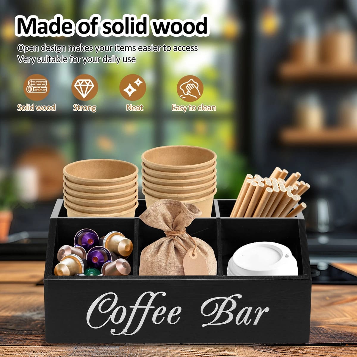 *5-Compartment Wooden Coffee Station Organizer