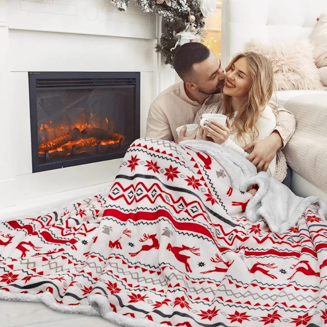 Navidad Christmas Reindeer Throw Blanket Double Layer Thicken Fluffy Soft Fleece Flannel Santa Claus Snowman Blanket Home Gift