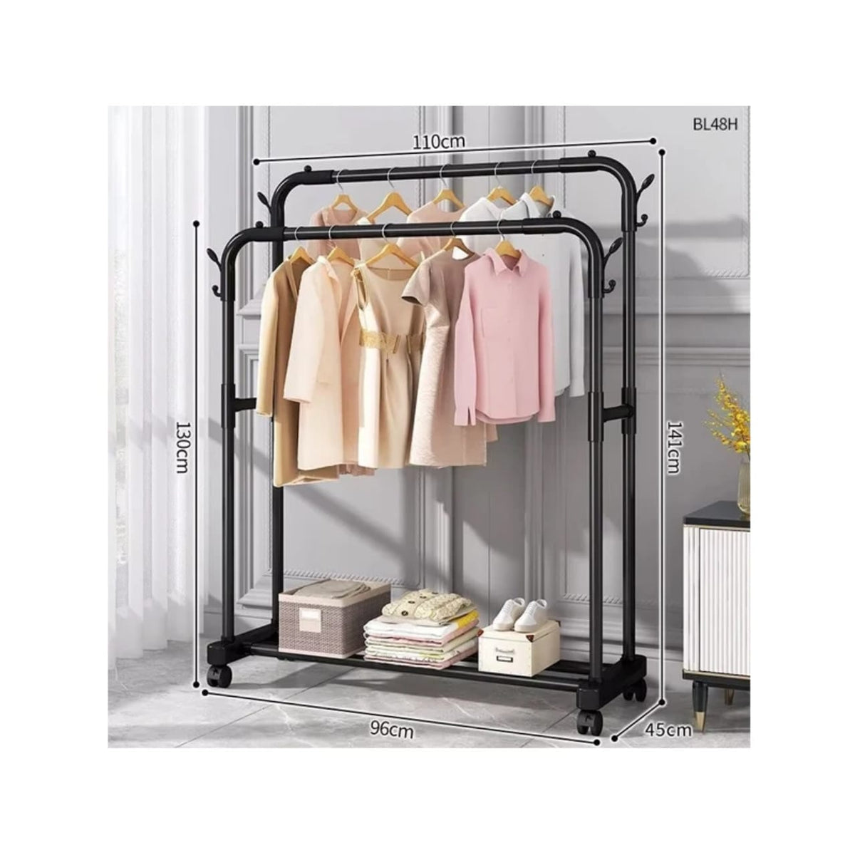 Double Pole Clothing Rack With Wheels & Lower Storage Shelf for Boxes /Shoes