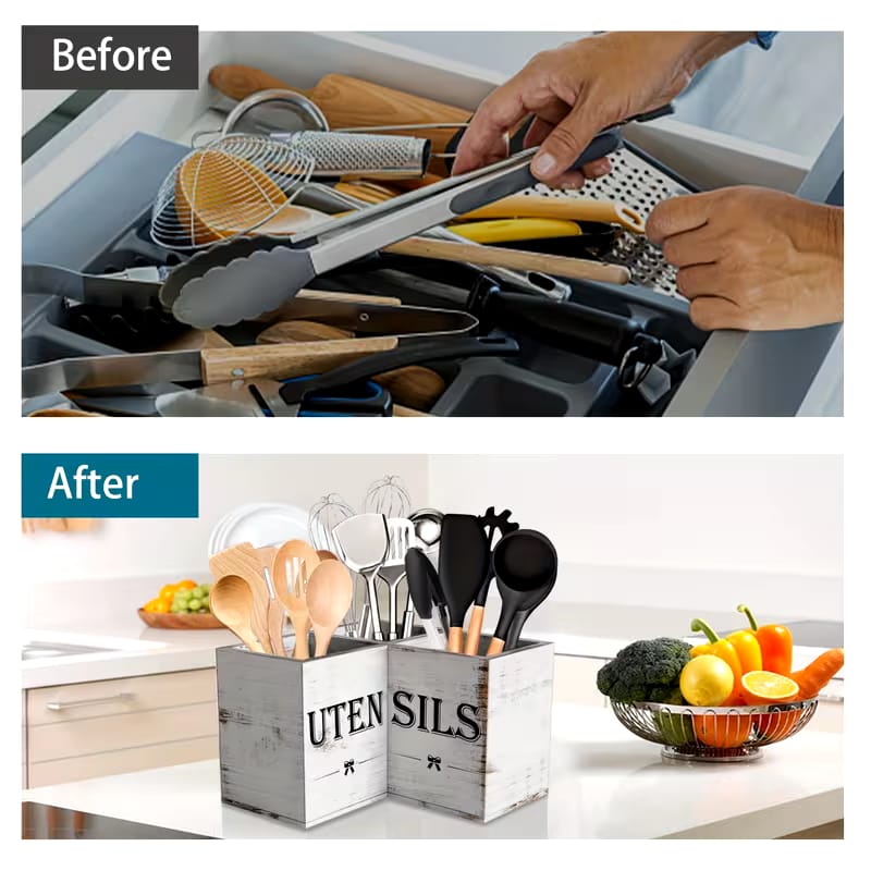 Wooden Kitchen Utensils Holder With A White Rustic Finish