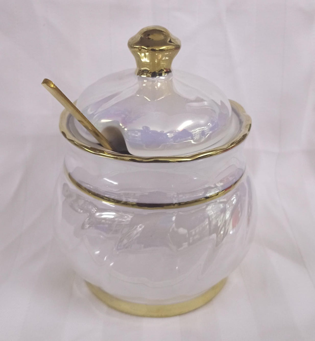 Marble Luxury Pearl Sugar Dish with Gold Spoon.