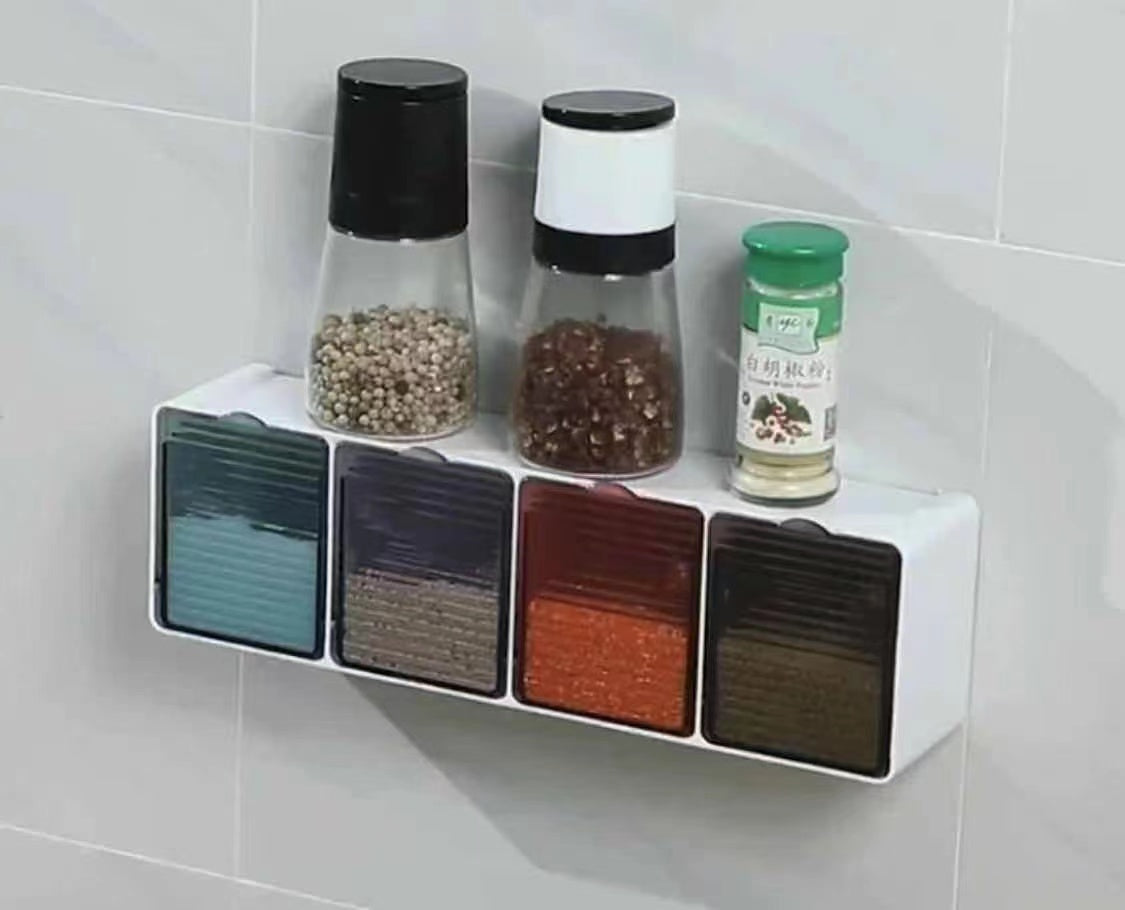 4-slot kitchen wall spice organizer with transparent, colored drawers