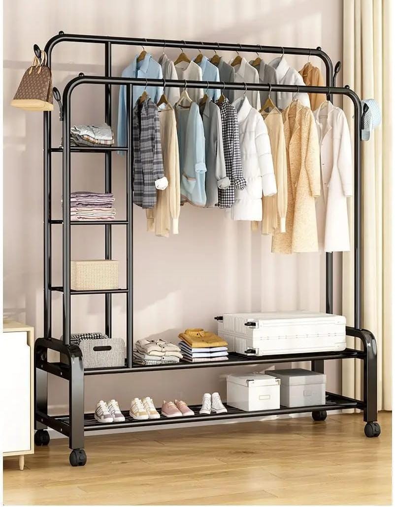 Multifunctional Clothes Rack with Side Storage Shelves