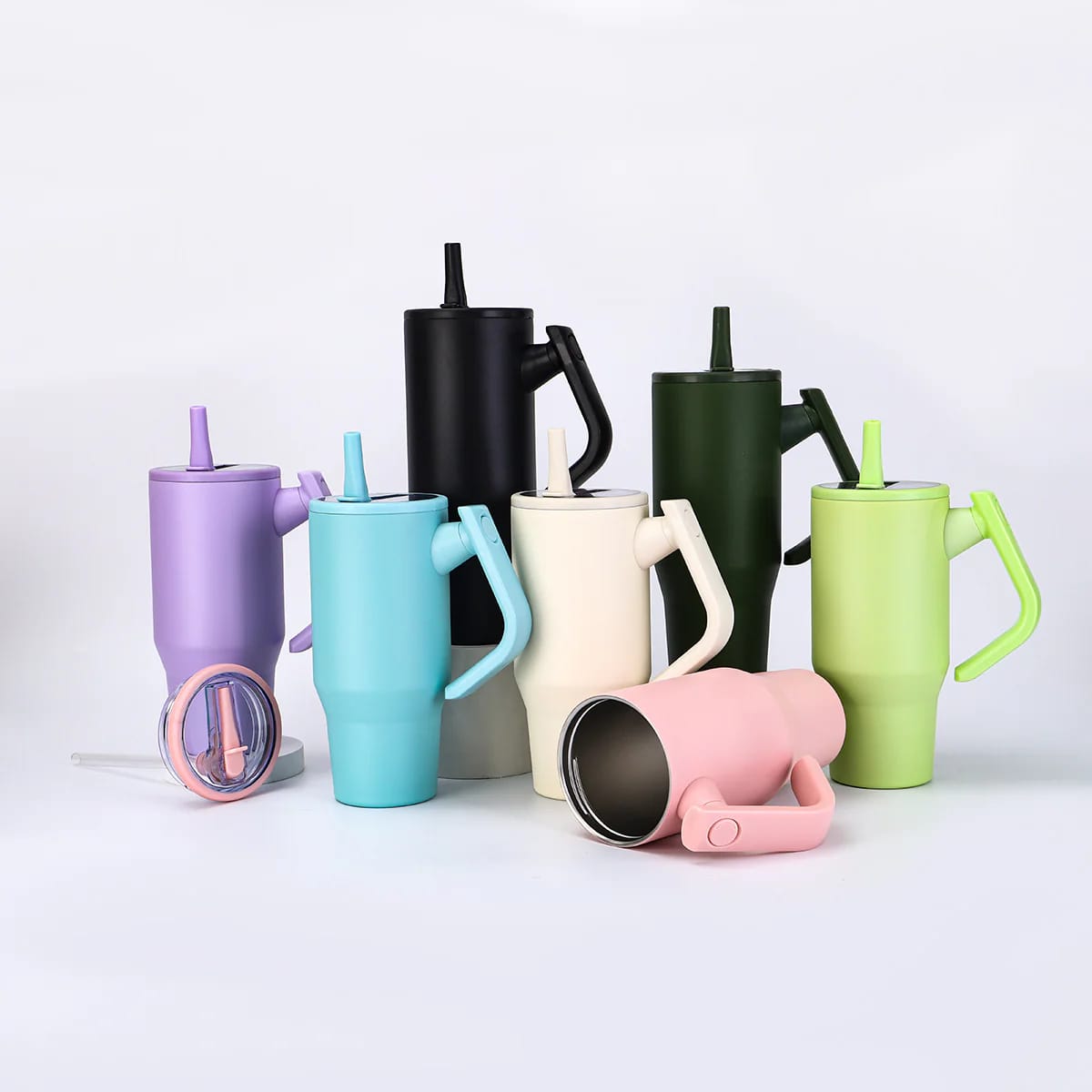 New 1200ml double wall travel cup stainless steel tumbler, vacuum insulated leak proof rotatable handle straw lid mug, Stanley design tumbler