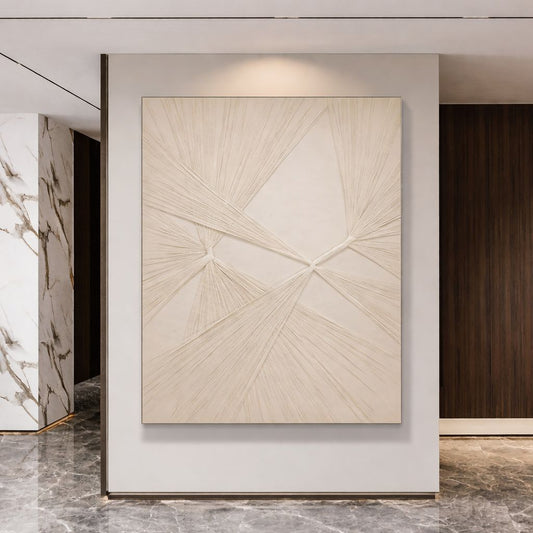 Sculptural textured wall art featuring modern geometric patterns that create depth and visual interest.